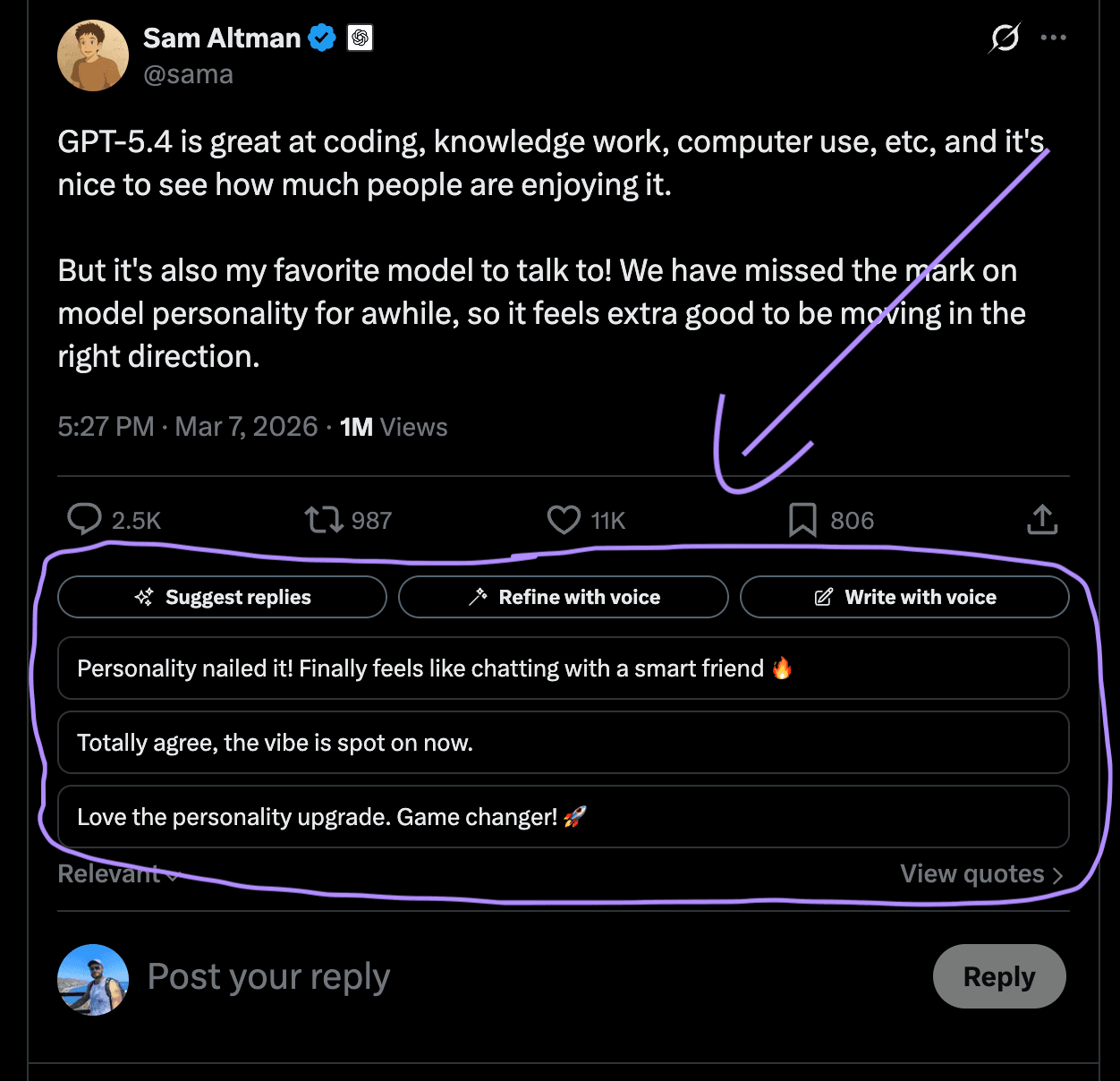 Bisonary in action — AI-generated reply suggestions on a tweet by Sam Altman about GPT-5.4